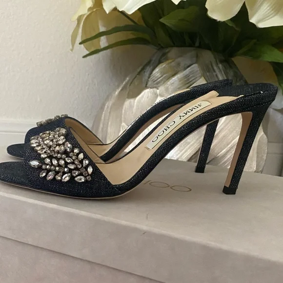 EUC Stacey 85 mm denim and crystal mules